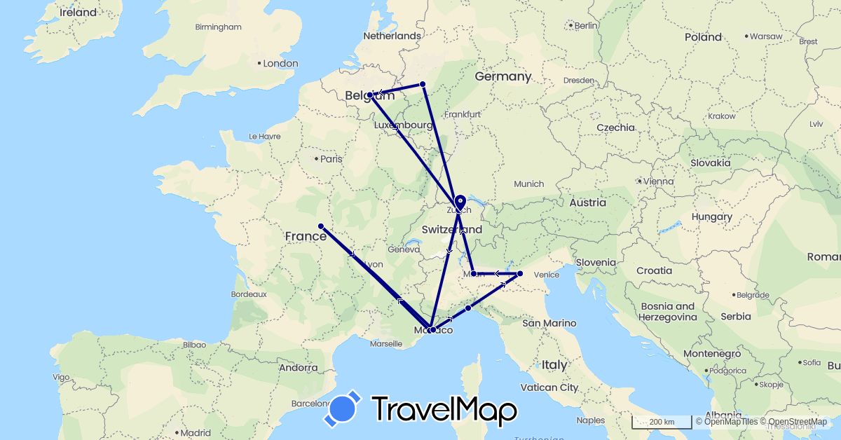 TravelMap itinerary: driving in Belgium, Switzerland, Germany, France, Italy, Monaco (Europe)